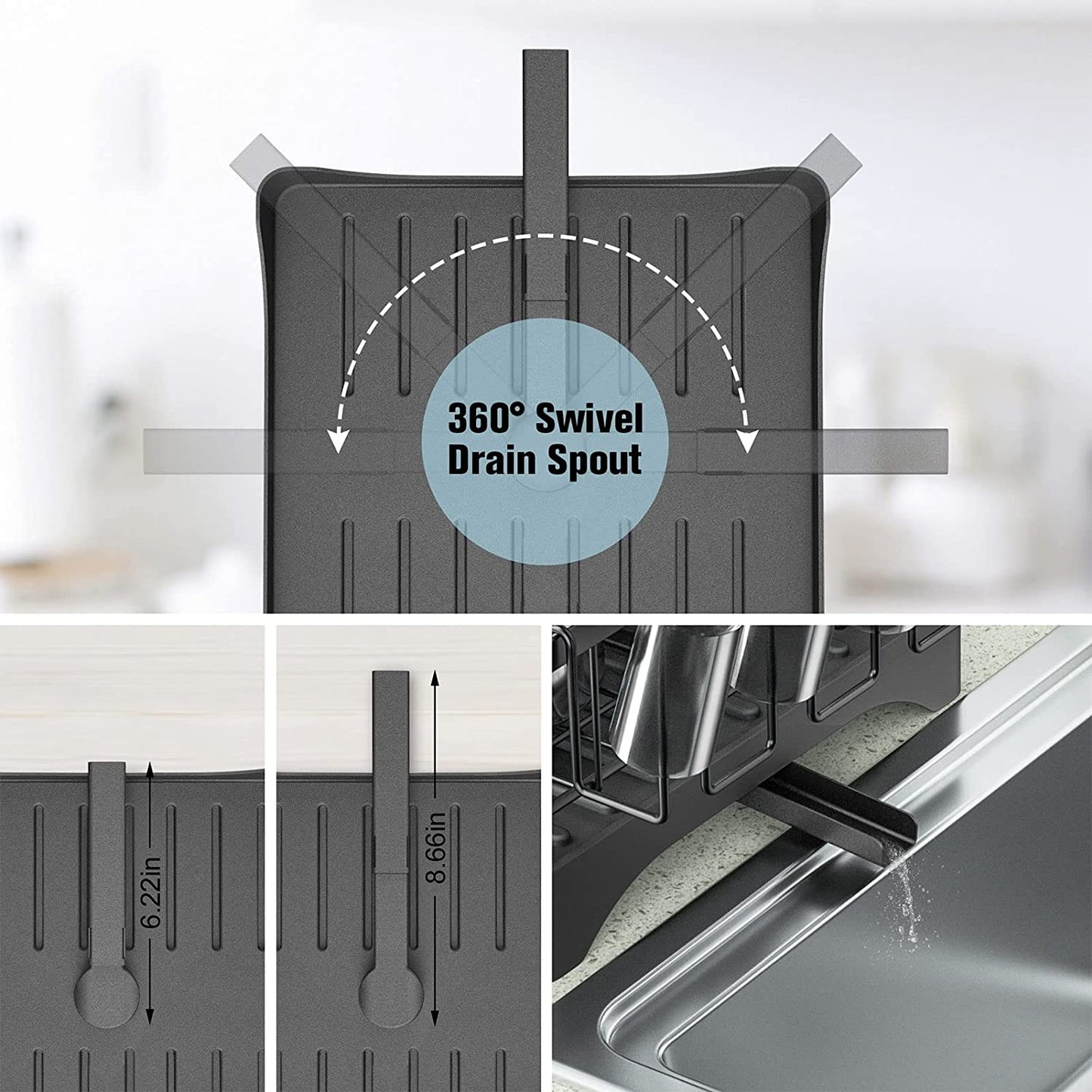 2 Tier Dish Drying Rack for Kitchen Counter, Black Metal Dish Drainers Rack with Drainboard, Large Dish Dryer with Detachable Cup Rack and Utensil Holder