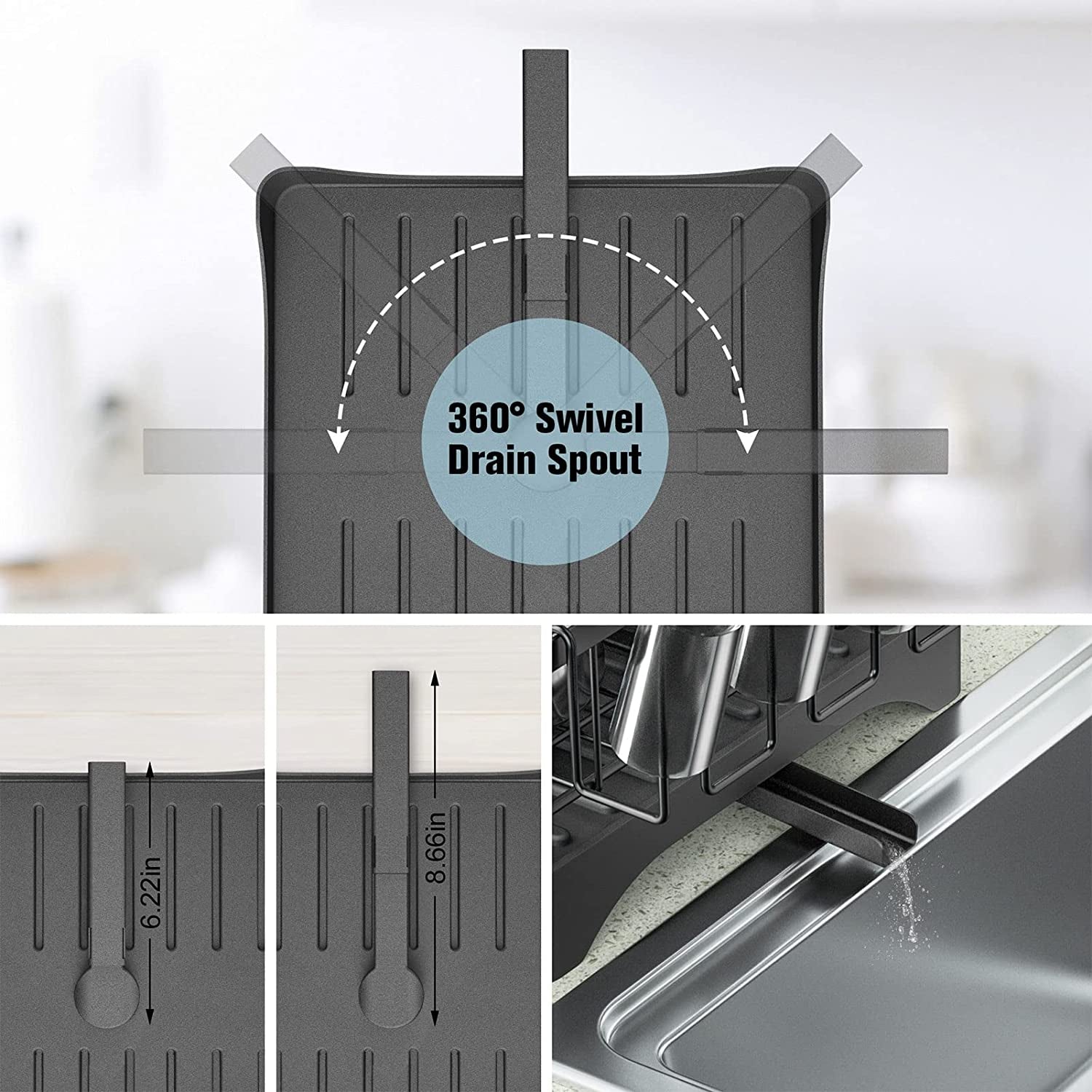 2 Tier Dish Drying Rack for Kitchen Counter, Black Metal Dish Drainers Rack with Drainboard, Large Dish Dryer with Detachable Cup Rack and Utensil Holder
