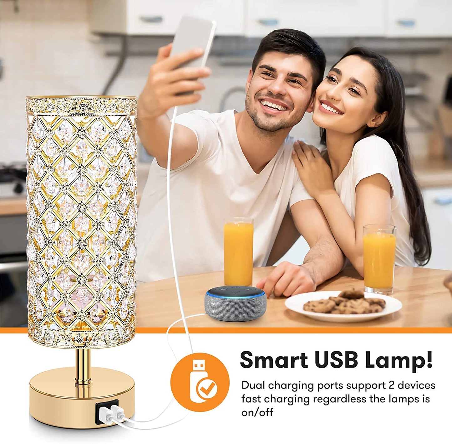 Set of 2 Touch Control Crystal Table Lamps with 2 USB Ports, 3-Way Dimmable Bedside Nightstand Gold Lamps with Decorative Crystal, Small Table Lamps for Bedrooms Living Room, Led Bulbs Included