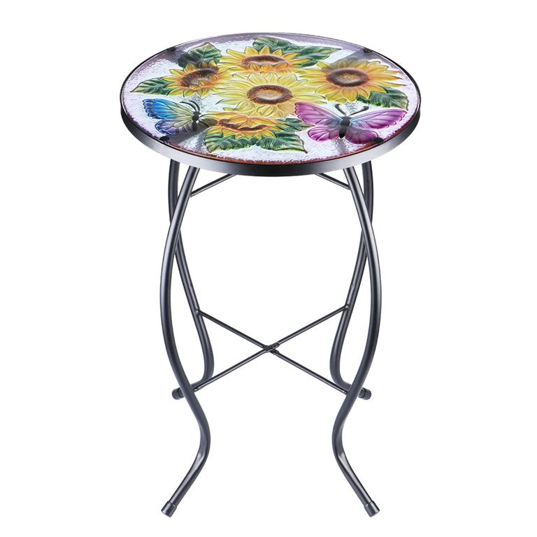 Mosaic Side Table Outdoor for Patio, Indoor Accent Table Coffee Table for Bistro, Plant End Table Small, Sunflower Round Glass Plant Table Stands