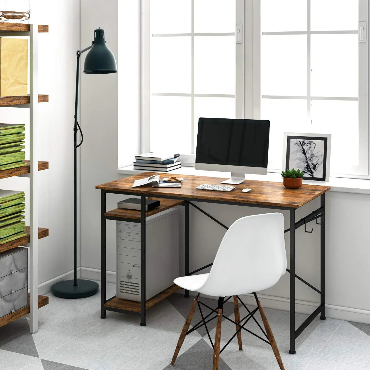 Writing Computer Desk 47", Home Office Study Desk with 2 Storage Shelves on Left or Right Side, Industrial Simple Style Wood Table Metal Frame for PC Laptop Notebook