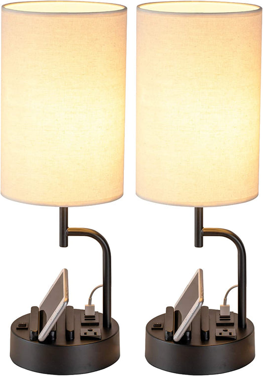 Table Lamp with 3 USB Charging Ports, Modern Desk Lamp with AC Outlet and Phone Stands, Perfect Bedside Lamp for Bedroom, Living Room, Office (Pack of 2)
