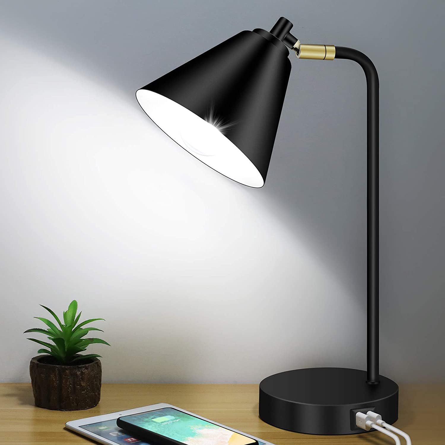 Industrial 3 Way Dimmable Touch Control Desk Lamp with 2 USB Ports & AC Outlet Bedside Nightstand Reading Lamp Flexible Head Farmhouse Black Table Lamp for Office Bedroom Living Room Bulb Included