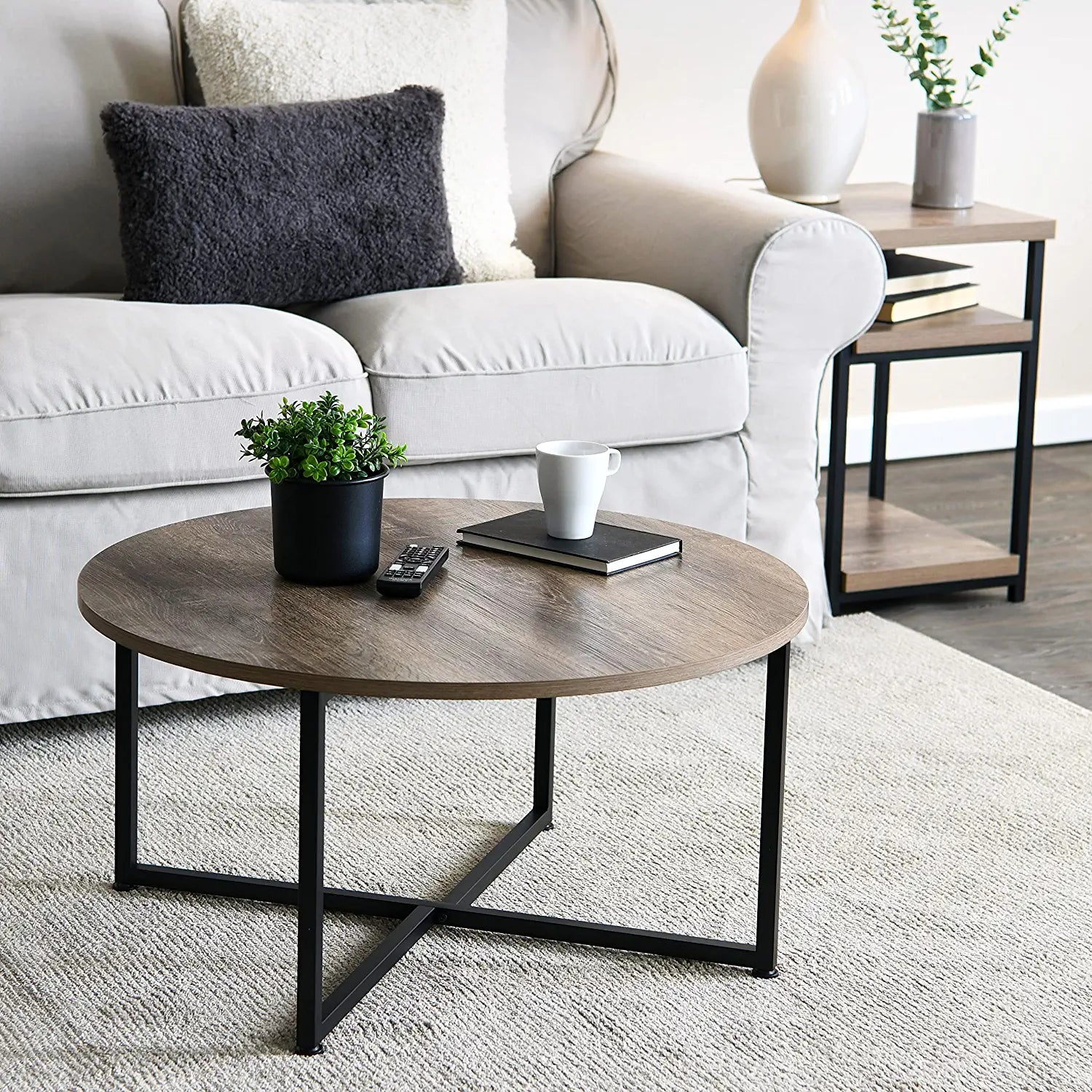 Grey Top Black Frame Ashwood round Coffee Table, 31.5 X 31.5