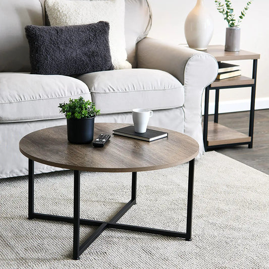 Grey Top Black Frame Ashwood round Coffee Table, 31.5 X 31.5