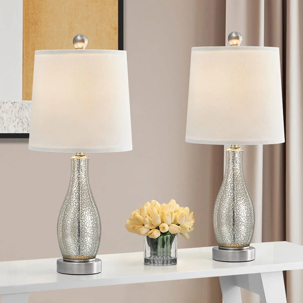 Modern Table Lamps Set of 2 for Living Room 20" Nightstand Lamp with Fabric Shade Glass Bedside Desk Lamp for Bedroom Kid'S Room Girls Room Office Glass Silver