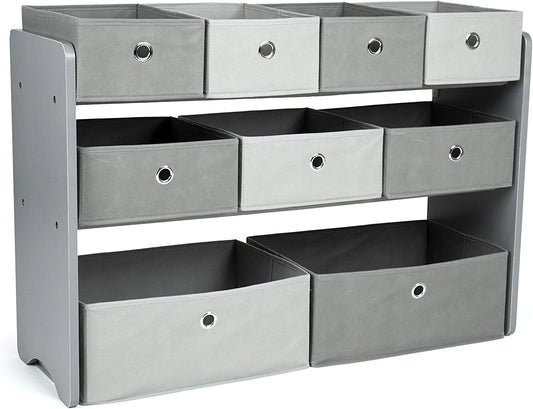 Kids Toy Organizer with 9 Storage Fabric Bins, Grey
