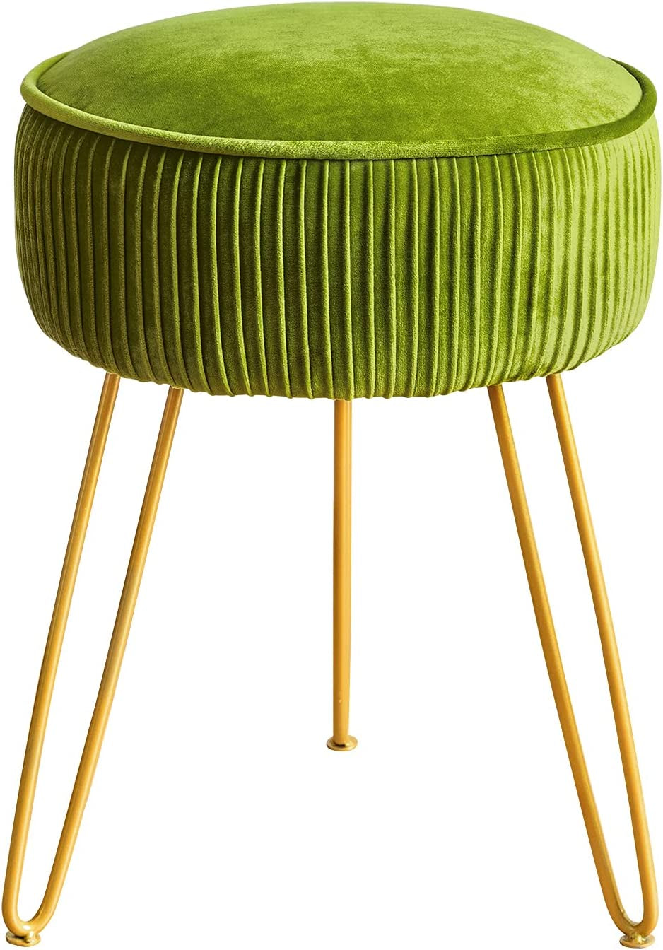 Mid Century Modern Velvet Upholstered Pleated round Footrest Stool Ottoman with Metal Legs, Home Multifunctional Luxury Ottoman Suitable for Living Room and Bedroom