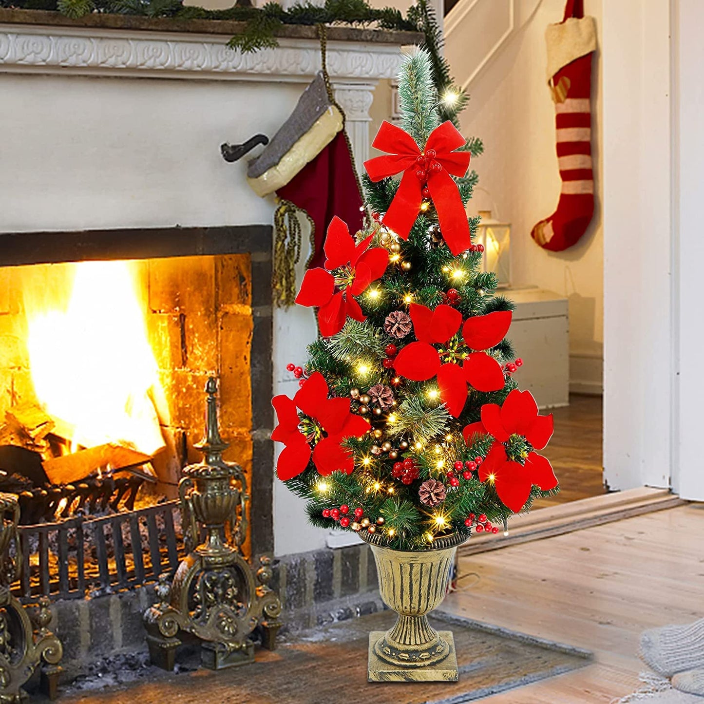 3 FT Christmas Tree, Pre-Lit Poinsettia Spruce Entrance Trees with 100 Leds Lights, Pine Cones, Red & Golden Berries in Gold Urn Base for Front Door, Porch, Entryway Xmas Home Decor, 2 Pack