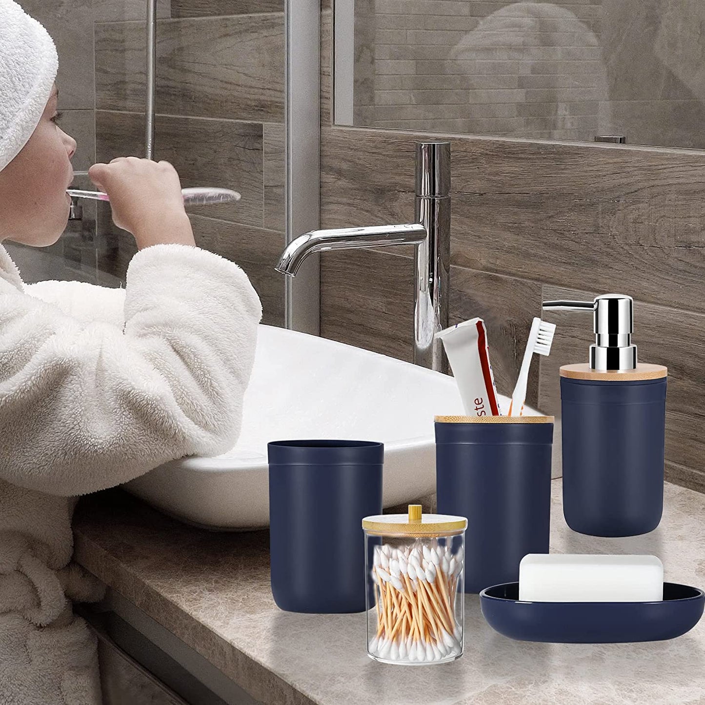 8Pcs Navy Blue Bathroom Accessories Set - with Trash Can Toothbrush Holder Soap Dispenser Soap and Lotion Set Tumbler Cup…