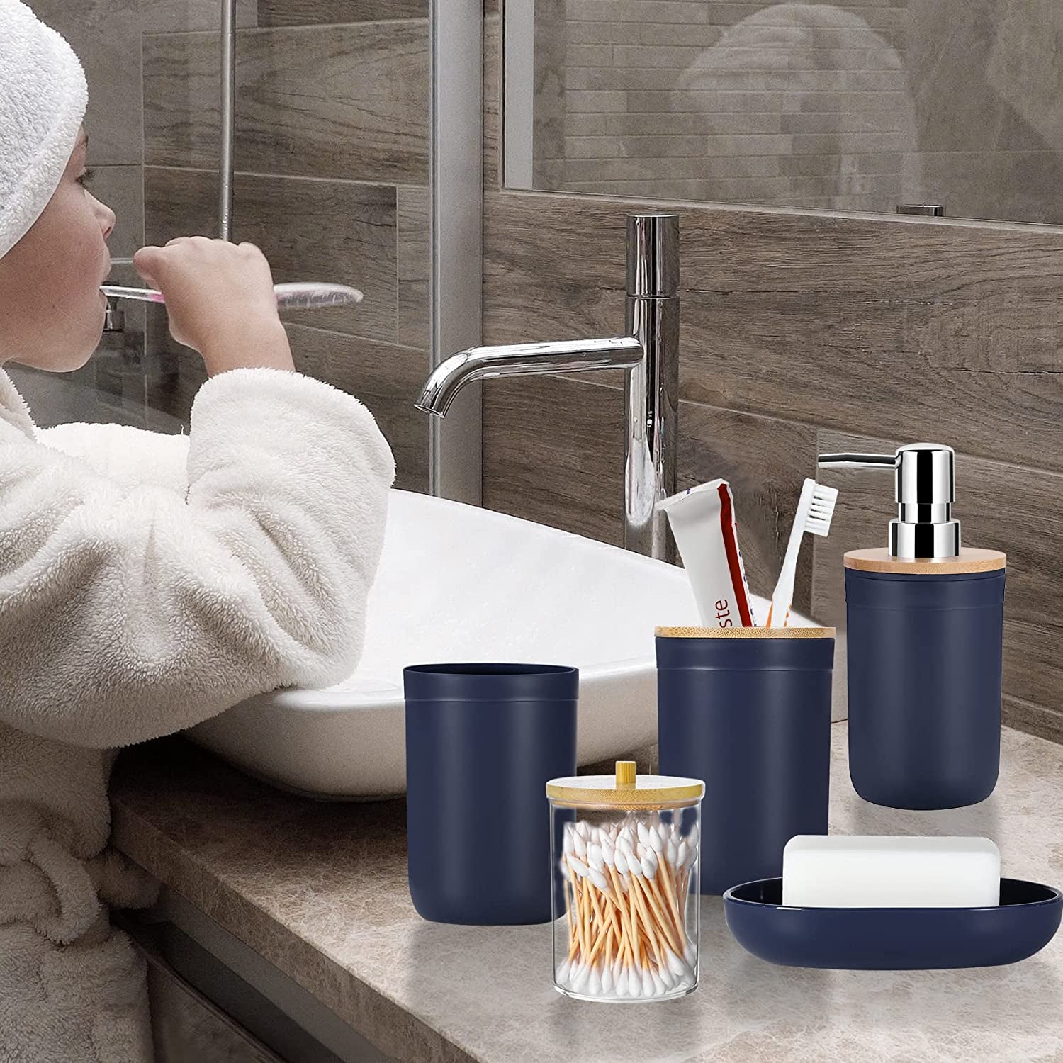 8Pcs Navy Blue Bathroom Accessories Set - with Trash Can Toothbrush Holder Soap Dispenser Soap and Lotion Set Tumbler Cup…