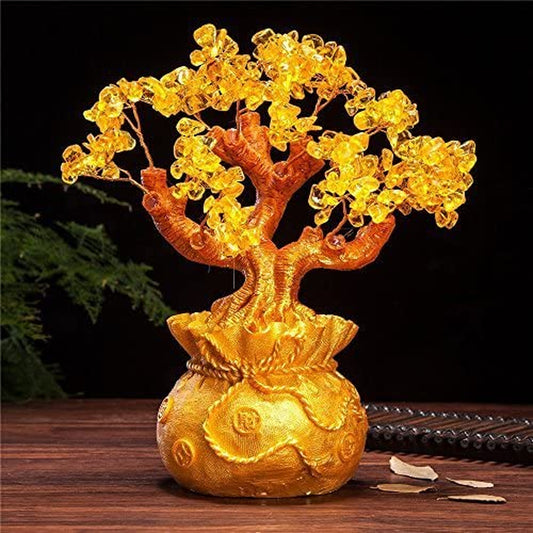 Feng Shui Pale Gold Crystal Money Tree Bonsai Style Decoration for Wealth and Luck