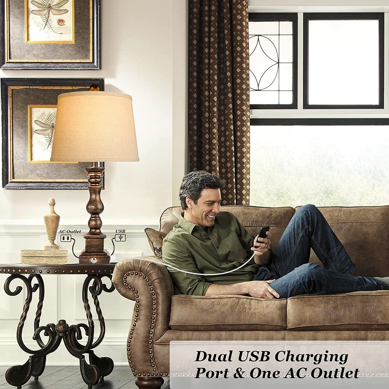 Touch Farmhouse Rustic Table Lamps Set of 2 for Living Room,3-Way Dimmable Resin Retro Bedside Nightstand Lamps Oatmeal Tapered Drum Shade for Bedroom with 2 USB Port and Outlet