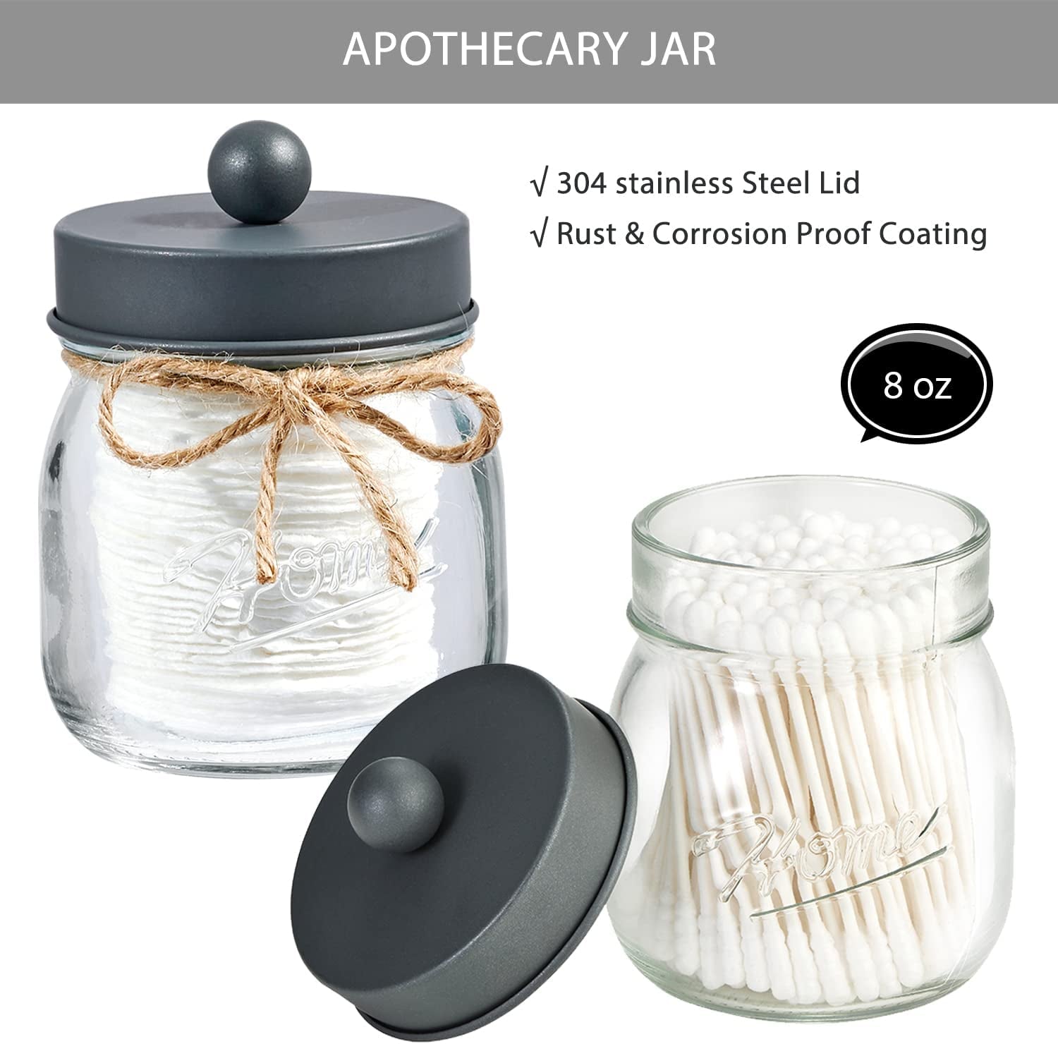 Mason Jar Bathroom Accessories Set 8 Pcs - Lotion Soap Dispenser,Toothbrush Holder,2 Apothecary Jars, Flower Vase,Soap Dish,Vanity Tray,Toilet Paper Holder Storage Bin,Farmhouse Decor (Gray)