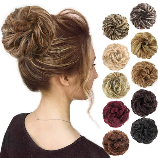 1PCS Messy Hair Bun Hair Scrunchies Extension Curly Wavy Messy Synthetic Chignon for Women Updo Hairpiece (Light Golden Brown & Pale Golden Blonde)