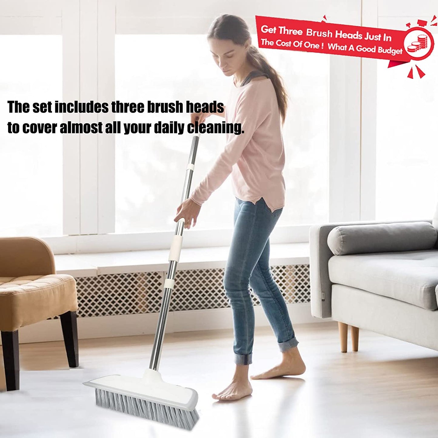 Floor Scrub Brush with Long Handle - 50'' Stiff Brush, 2 in 1 Scrape and Brush, Multi-Use Aqua Bathtub Scrubber and Floor Squeegee Set for Cleaning Bathroom, Patio, Kitchen, Deck and Window