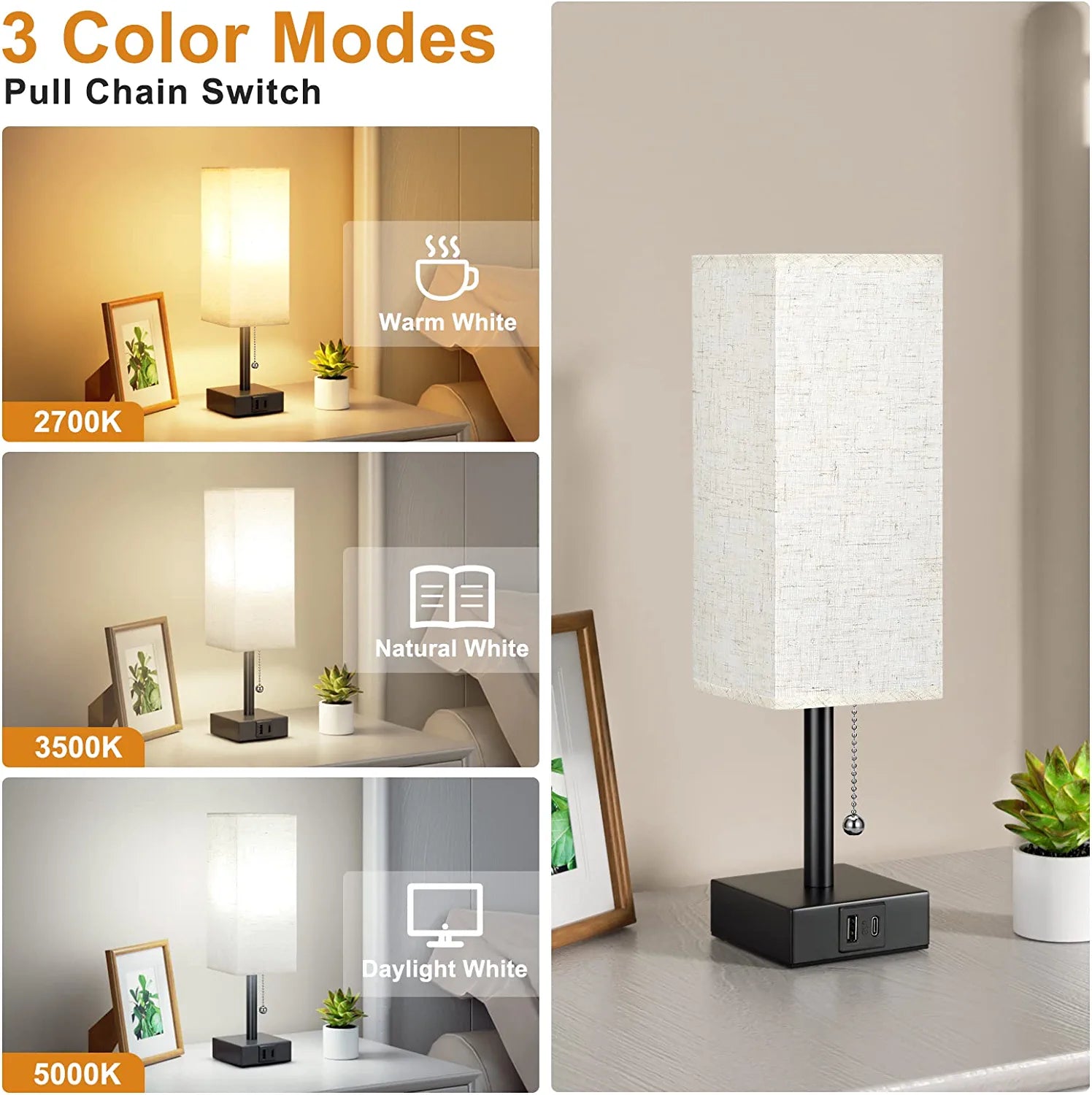 Bedside Table Lamp with 3 Levels Brightness - 2700/3500/5000K Small Lamp with USB C+A Ports, Nightstand Lamp with 3 Color Modes by Pull Chain, Bedroom Lamp for Living Read Work(Led Bulb Included)