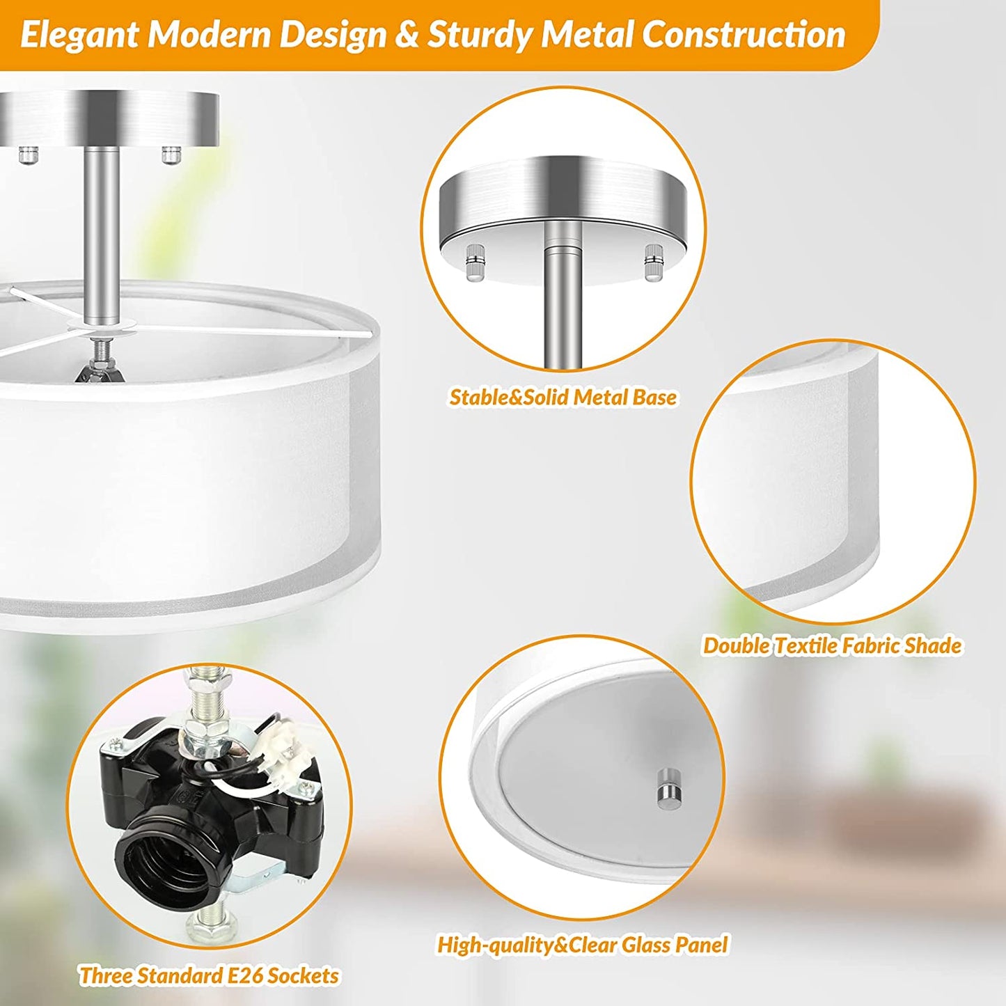 3-Light Semi Flush Mount Ceiling Light Fixture, Drum Light with Double Fabric Shade, Modern Close to Ceiling Lights for Living Room, Bedroom, Dining Room, Kitchen, Hallway, Entry, Foyer