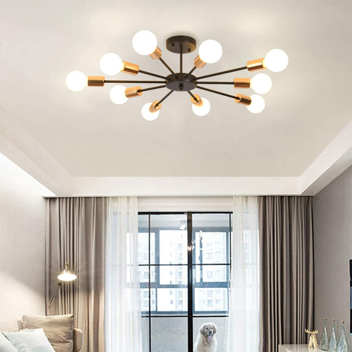 Semi Flush Mount Ceiling Light,10-Light E26 Base Modern Black Sputnik Chandelier,Industrial Ceiling Lamp Fixture for Kitchen Farmhouse Living Room Dining Room