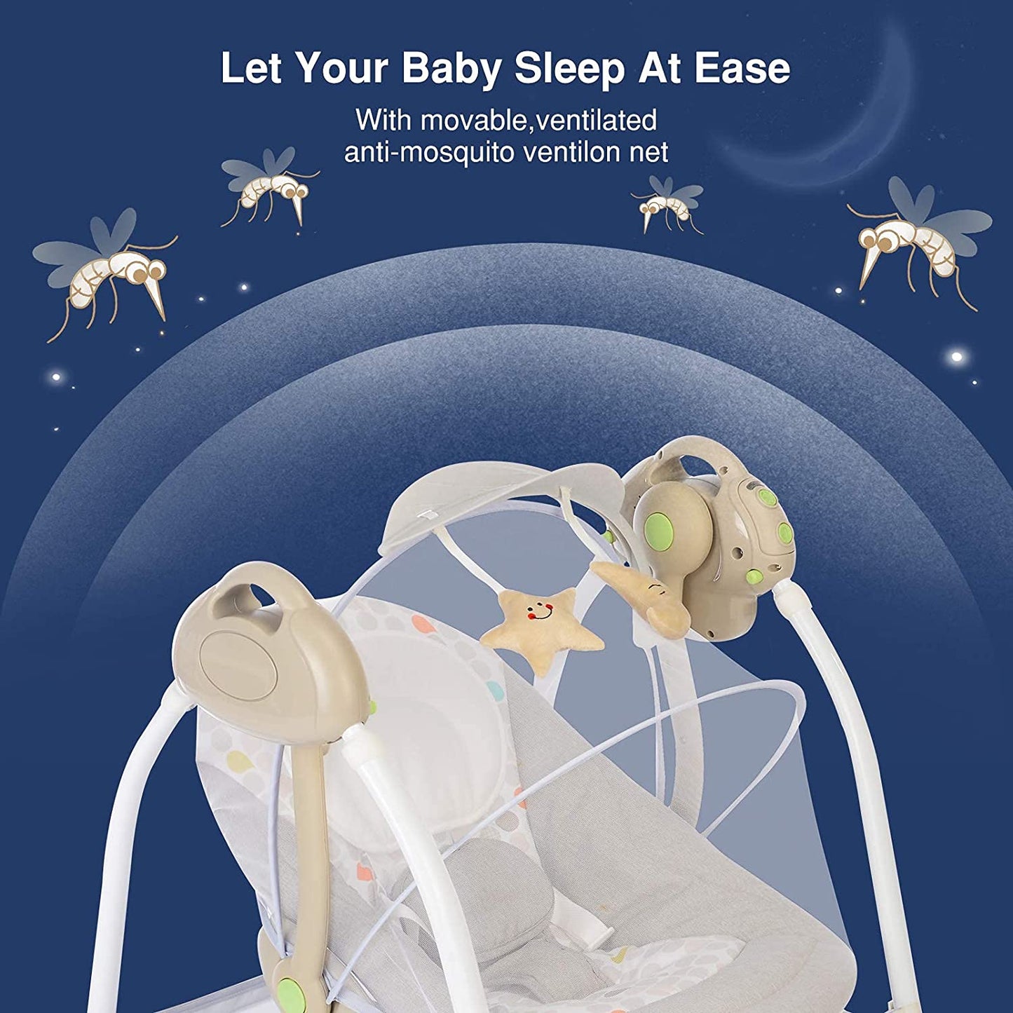 Baby Swings for Infants to Toddler, Compact Baby Swing with 6 Motions, Portable Swing with Music,Sounds,Timing, Baby Rocker with 2 Toys, Plsuh Seat & Soft Head Support, Machine Washable Fabric (Khaki)