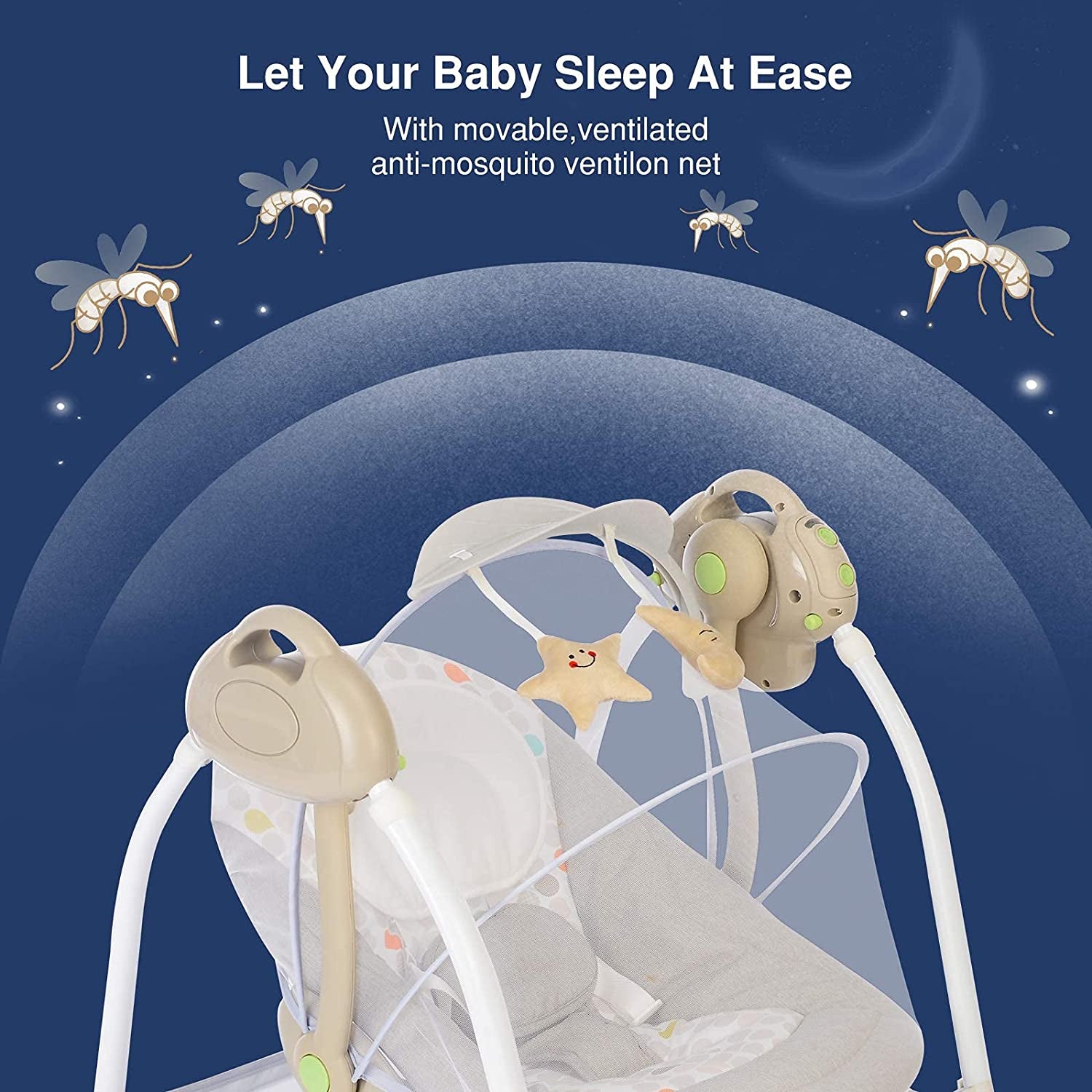 Baby Swings for Infants to Toddler, Compact Baby Swing with 6 Motions, Portable Swing with Music,Sounds,Timing, Baby Rocker with 2 Toys, Plsuh Seat & Soft Head Support, Machine Washable Fabric (Khaki)