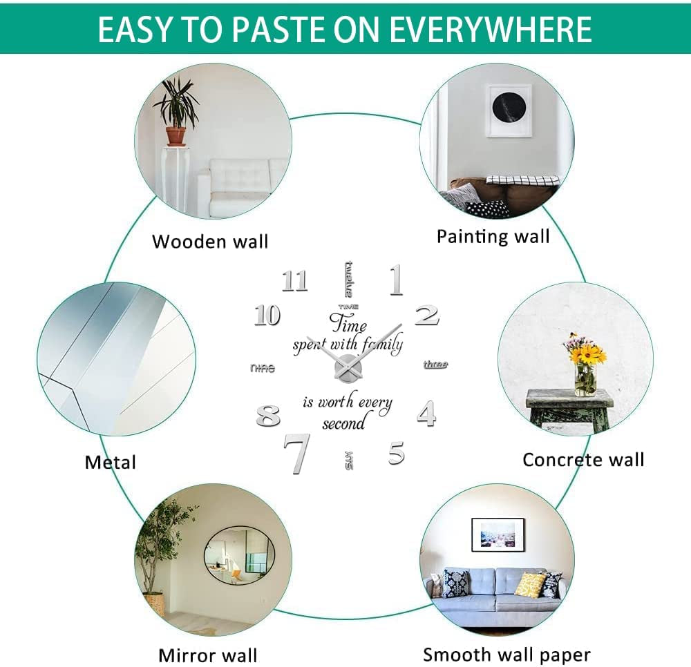 DIY Wall Clock,3D Frameless Wall Clock,Large Modern Design Decor Sticker DIY Wall Clock Kit for Bedroom Living Room Home Decorations,Adjustable Size and Easy to Assemble (Silver)