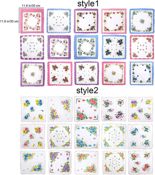 Women Soft Pocket Handkerchiefs Ladies Hankies Vintage Floral Print Handkerchiefs (30 Pieces)