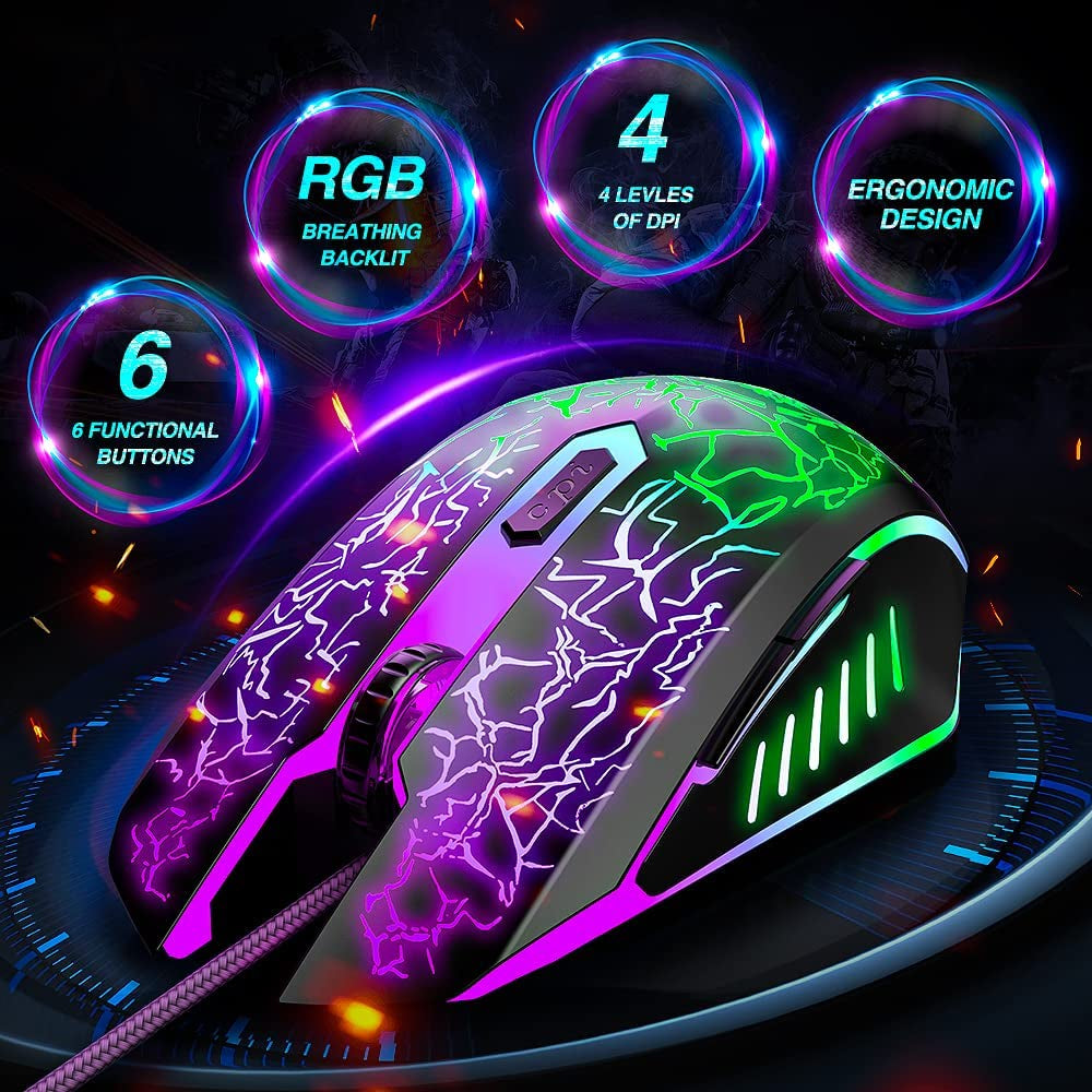 BENGOO Gaming Mouse Wired, USB Optical Computer Mice with RGB Backlit, 4 Adjustable DPI up to 3600, Ergonomic Gamer Laptop PC Mouse with 6 Programmable Buttons for Windows 7/8/10/XP Vista Linux -Black