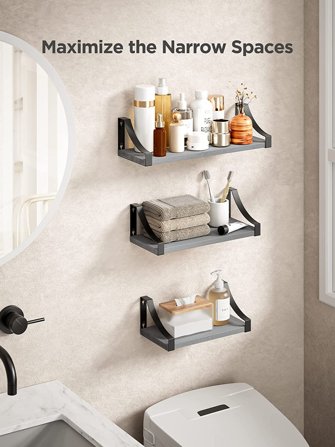 Floating Shelves Wall Mounted Set of 3, Rustic Wood Wall Shelves for Bedroom, Bathroom, Living Room, Kitchen, Laundry Room Storage & Decoration, Gray