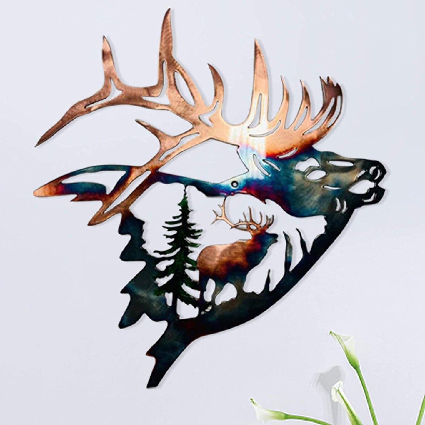 Home Collection Metal Wall Decor, Elk Deer Metal Wall Art Sculpture Silhouette Craft with Rustic Cabin Décor Finish Wall Decor Hanging for Living Room, Bedroom, Bathroom Indoor, 12.8 Inch