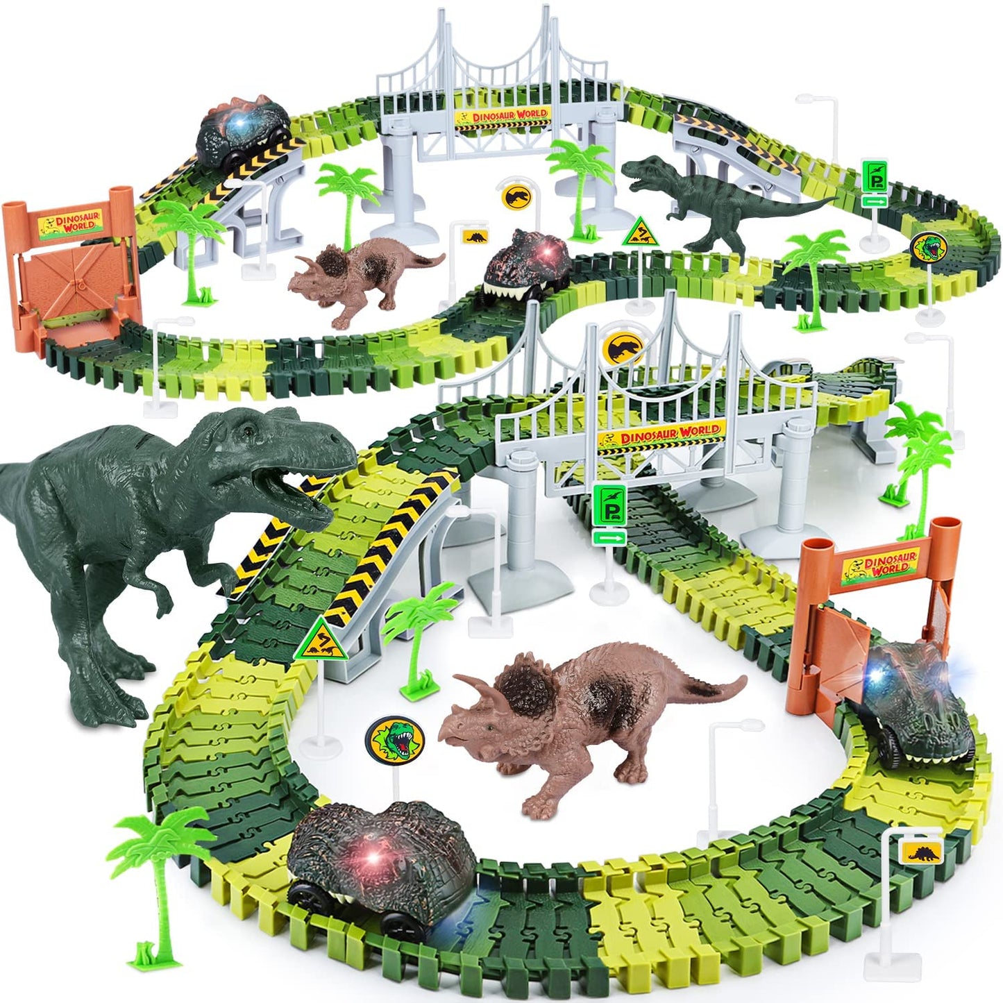 Dinosaur Toys,Create a Dinosaur World Road Race,Flexible Track Playset and 2 Pcs Cool Dinosaur Car for 3 4 5 6 Year & up Old Boy Girls Best Gift