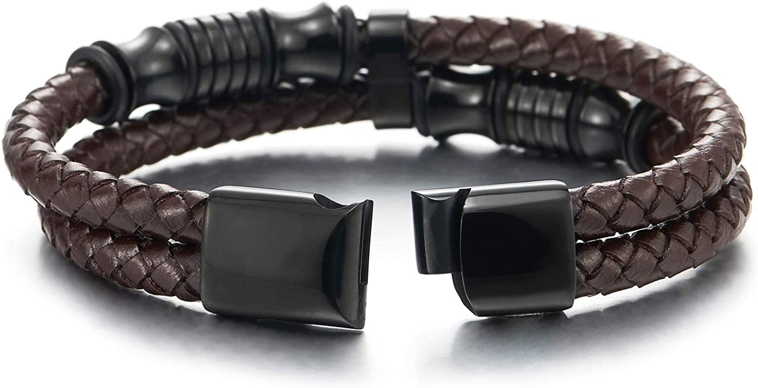 Mens Double-Row Braided Leather Bracelet Bangle Wristband with Stainless Steel Ornaments