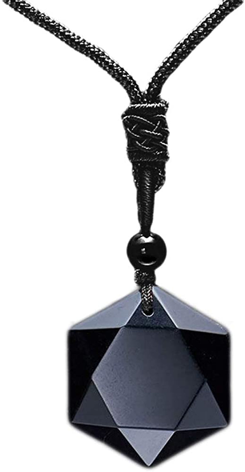 Black Obsidian Hexagram Natural Stone Necklace Translucent Ice Obsidian Wolf Tooth Amulet His and Hers Couples Necklace Lucky Love Pendant Necklace for Men Women