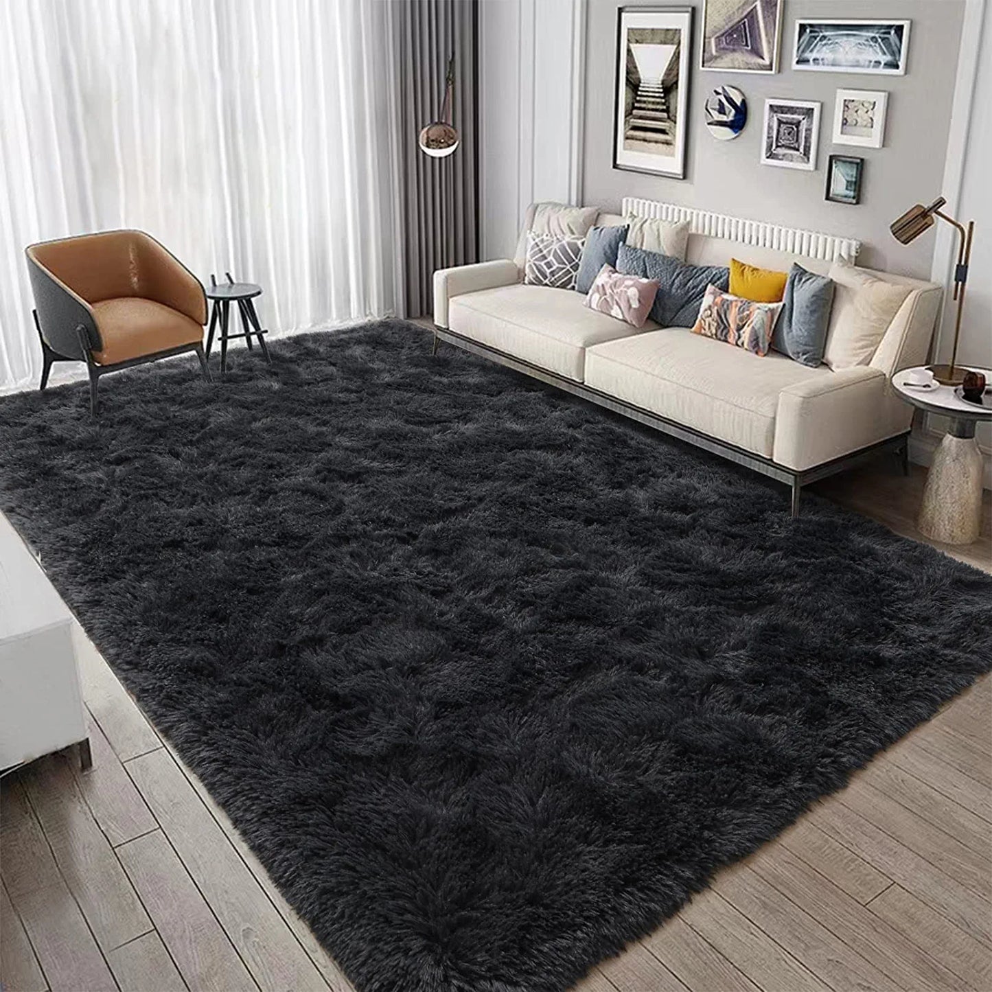 Modern Fluffy Area Rug 5X8 Feet Black Rug Plush Rugs for Living Room Bedroom Shag Rugs Dorm Decor for College Kid Rug Fuzzy Carpet for Boys Girls Home Decor Large Throw Rug Non-Slip