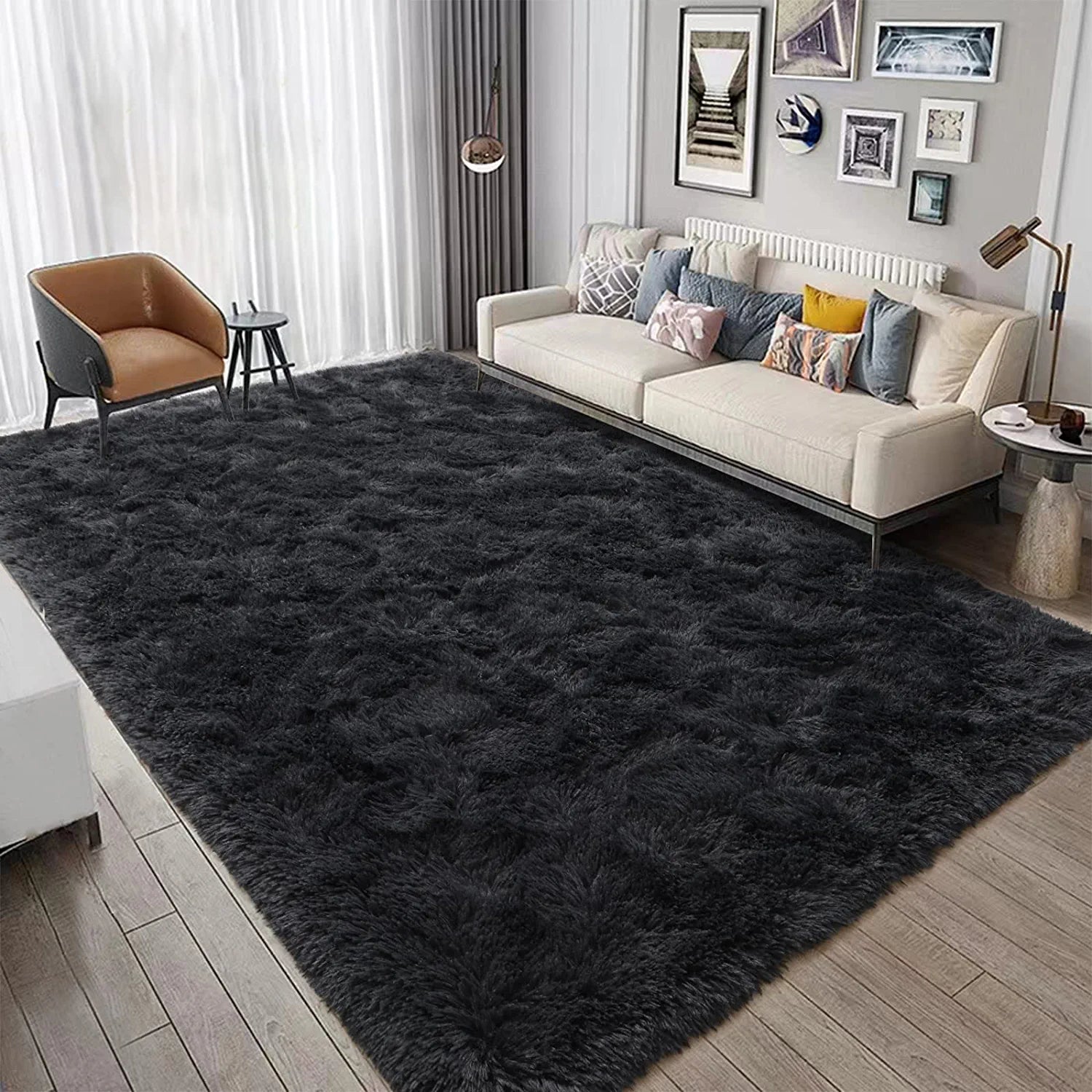 Modern Fluffy Area Rug 5X8 Feet Black Rug Plush Rugs for Living Room Bedroom Shag Rugs Dorm Decor for College Kid Rug Fuzzy Carpet for Boys Girls Home Decor Large Throw Rug Non-Slip