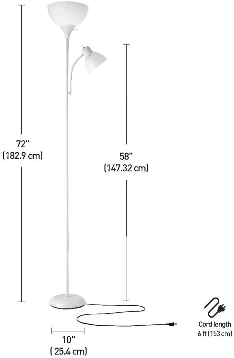 67136 72" Torchiere Floor Lamp + Adjustable Reading Light, Matte White, Frosted Plastic Shade, 3-Step Rotary Switch on Floor Lamp Socket, Home Improvement, Home Office Accessories
