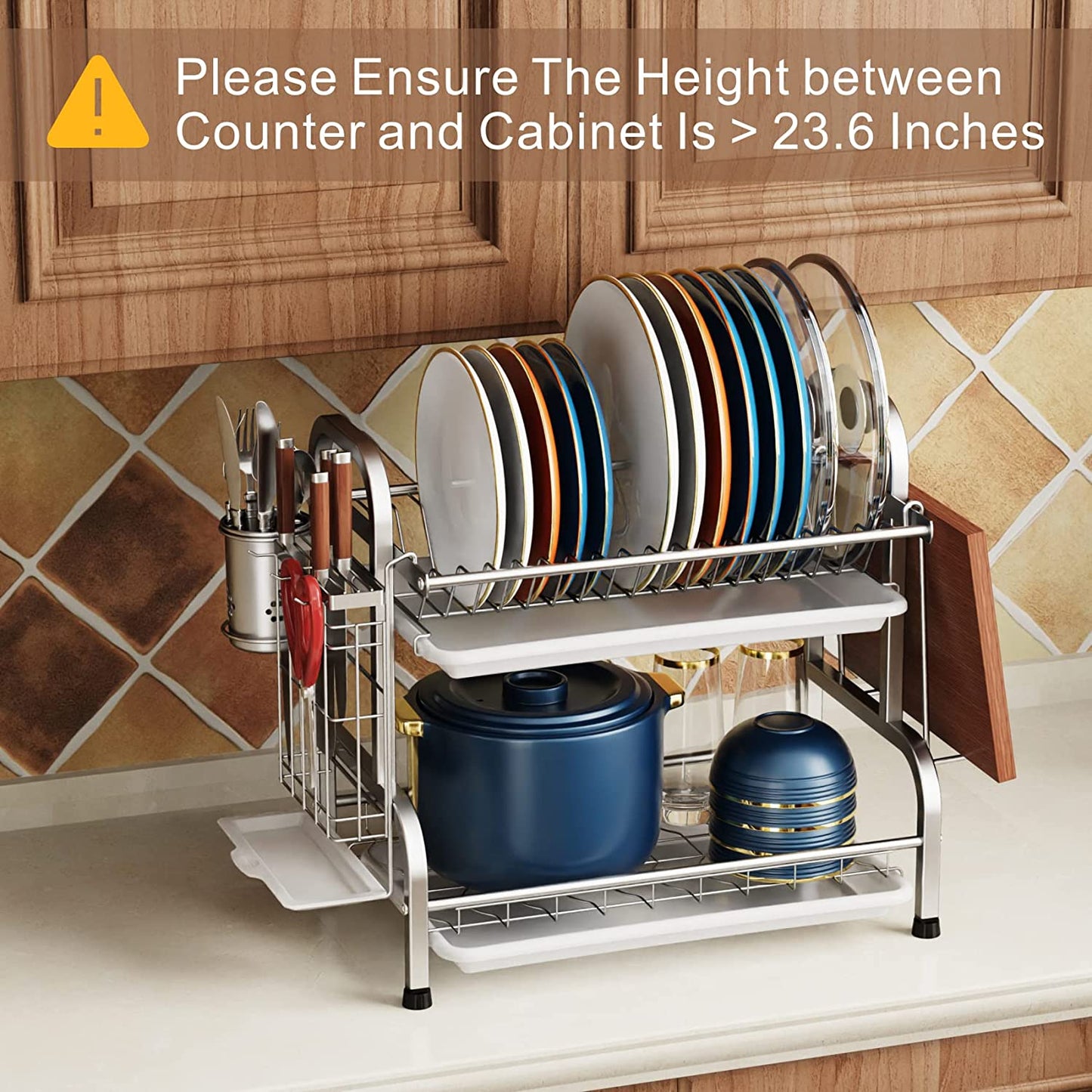 Dish Drying Rack, 304 Stainless Steel 2-Tier Dish Rack with Utensil Holder, Cutting Board Holder and Dish Drainer for Kitchen Counter