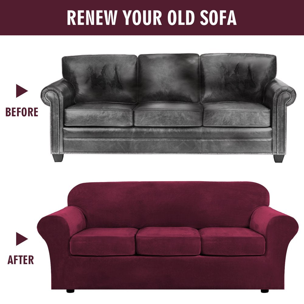 Velvet Plush 4 Piece Stretch Sofa Covers Couch Covers for 3 Cushion Couch 3 Seater Covers (Base Cover plus 3 Individual Cushion Covers) Feature Thick Soft Stay in Place
