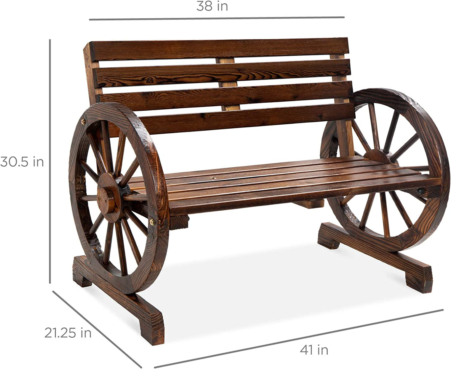 2-Person Wooden Wagon Wheel Bench for Backyard, Patio, Porch, Garden, Outdoor Lounge Furniture W/Rustic Country Design, Slatted Seat and Backrest - Brown