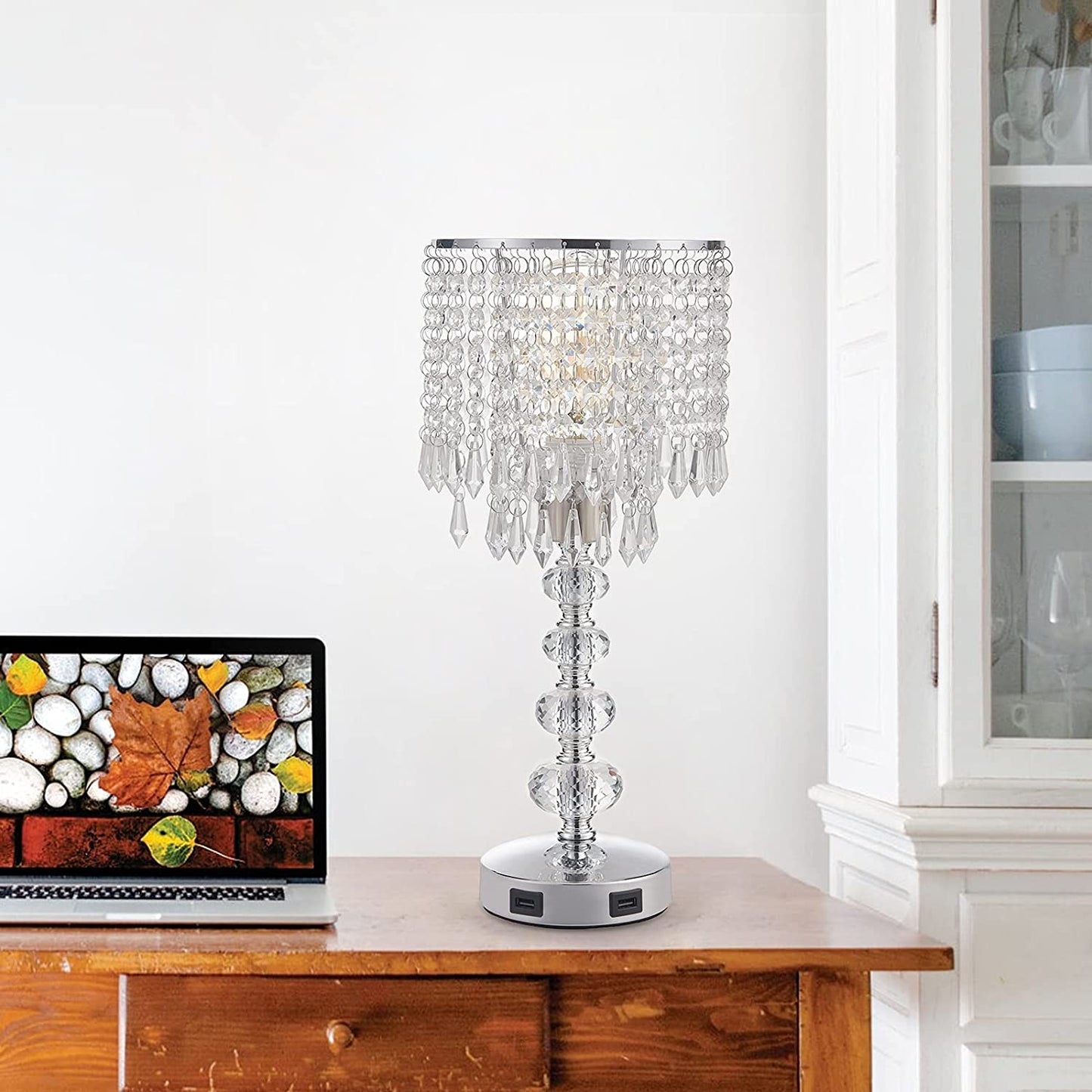 Crystal Table Bedside Lamp Touch Control, 3-Way Dimmable and Bulb Included,  Medium Nightstand Lamp with 2 USB Charging Ports, Decorative Tabletop Lamp for Bedroom, Living Room and Guest Room
