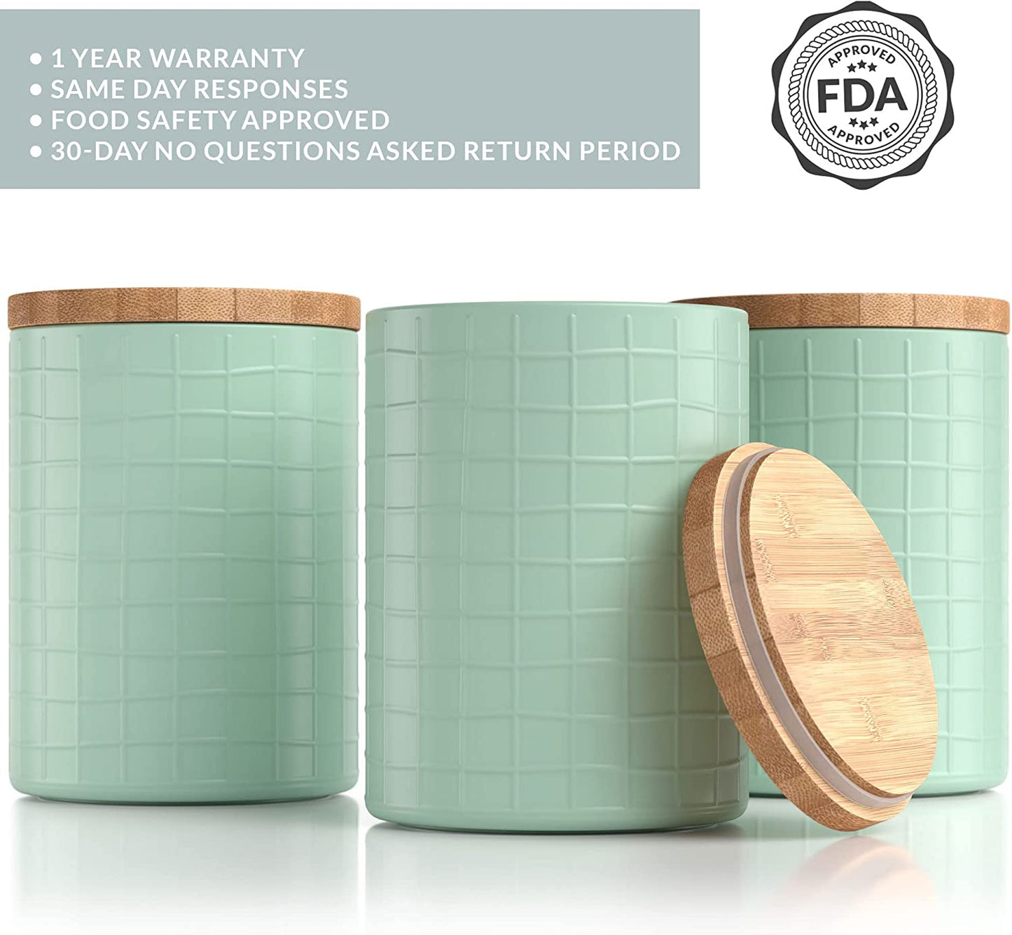 Kitchen Canisters with Bamboo Lids, Airtight Metal Canister Set, Coffee, Sugar, Tea, Flour Storage Containers, Farmhouse Kitchen Decor, Mint, 5.25” X 6.75”, Set of 3