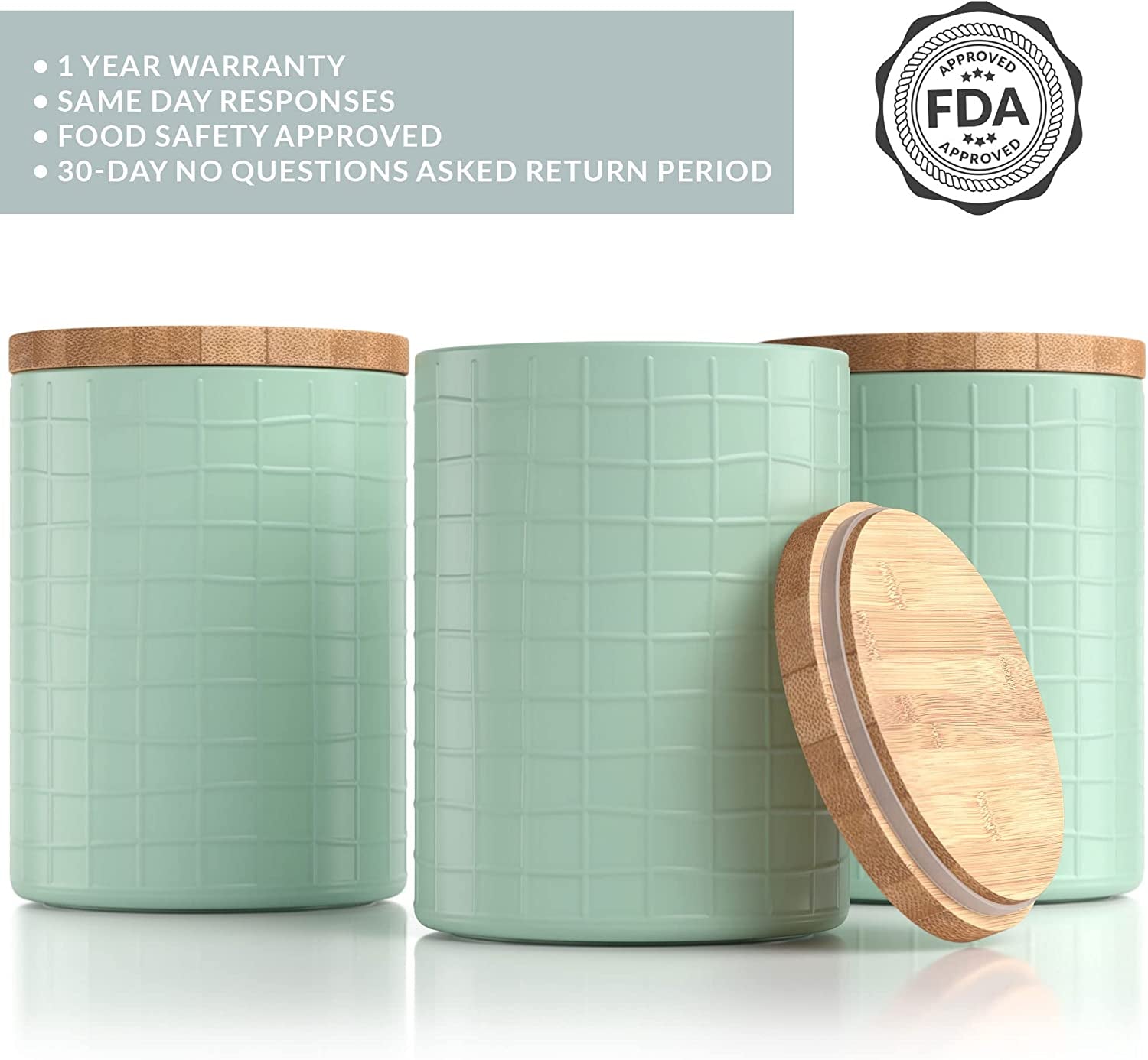 Kitchen Canisters with Bamboo Lids, Airtight Metal Canister Set, Coffee, Sugar, Tea, Flour Storage Containers, Farmhouse Kitchen Decor, Mint, 5.25” X 6.75”, Set of 3