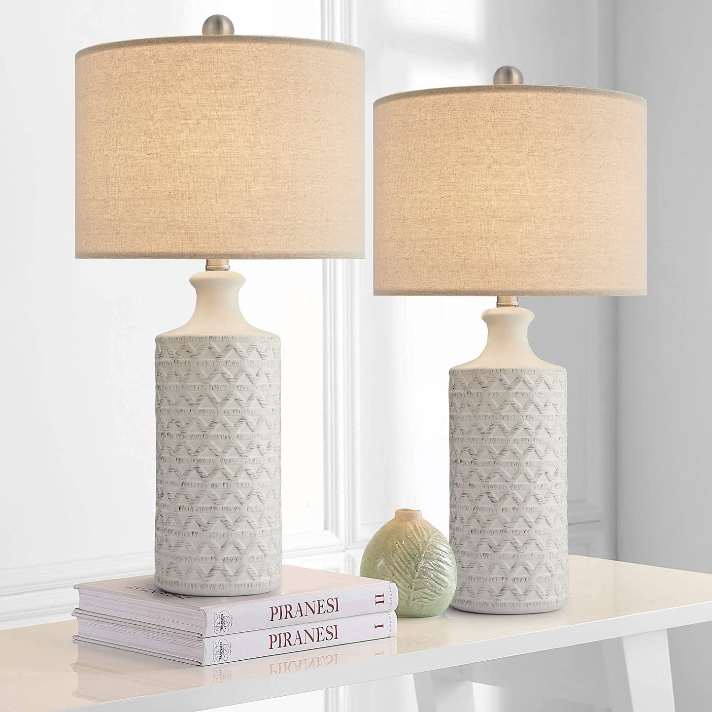 Pokat 24.75’’ Modern Contemporary Ceramic Table Lamp Set of 2 for Living Room White Desk Decor Lamps for Bedroom Study Room Office Farmhouse Bedside Nightstand Lamp End Table Lamps