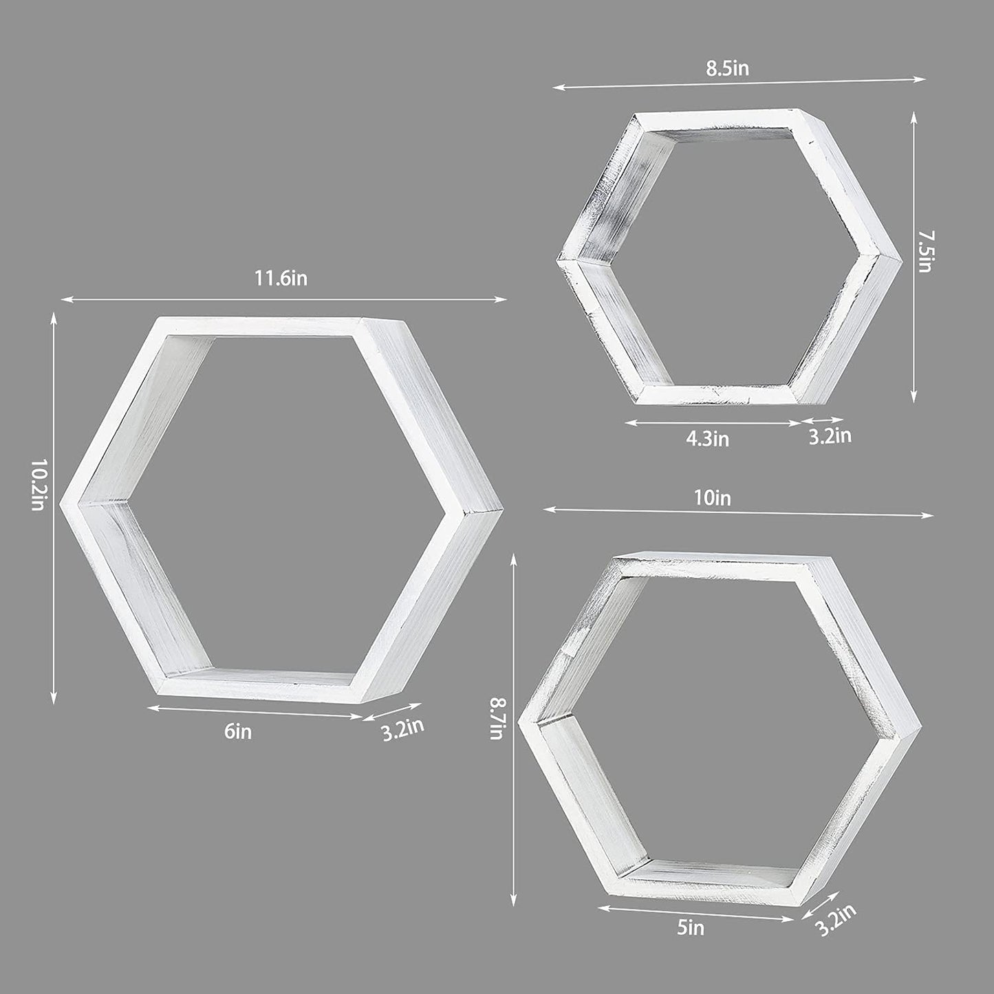 Wall Mounted Hexagon Floating Shelves, Wooden Wall Organizers Hanging Shelf for Home Decor, Set of 3, Rustic White