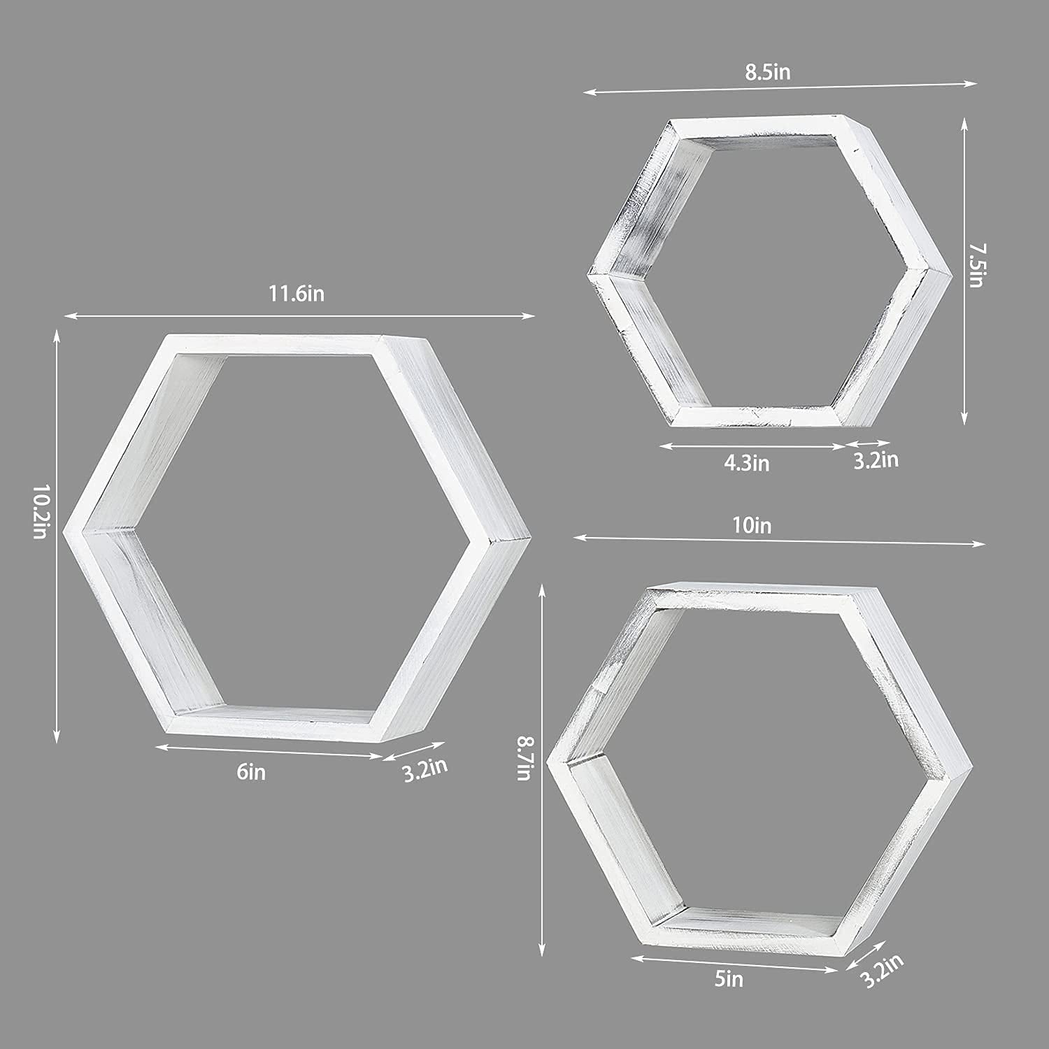Wall Mounted Hexagon Floating Shelves, Wooden Wall Organizers Hanging Shelf for Home Decor, Set of 3, Rustic White