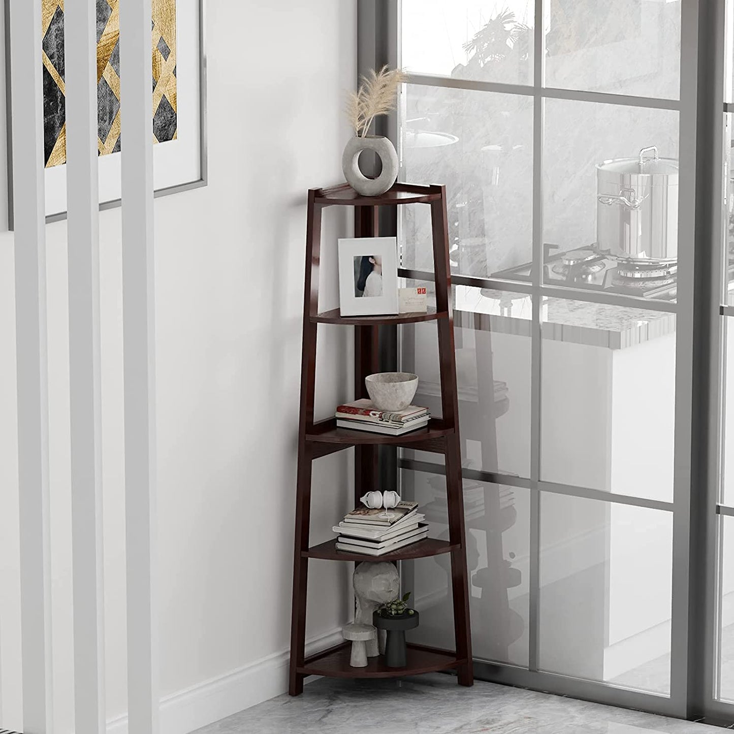 5 Tier Corner Shelf – Modern Wall Corner Storage Rack Plant Stand Small Bookshelf - Freestanding Ladder Shelf Display Organizer for Living Room, Kitchen, Home Office, Small Space (Coffee)