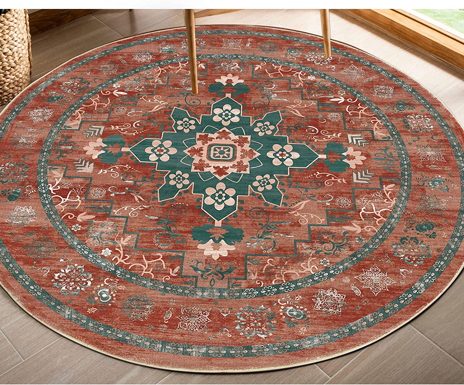 round Rug 4Ft Loren Collection round Area Rug, Non-Shedding round Fluffy Carpet, Washable Living Room Area Rug, Non-Slip Bedroom Porch Doormat Entryway Runner Rug (Red)