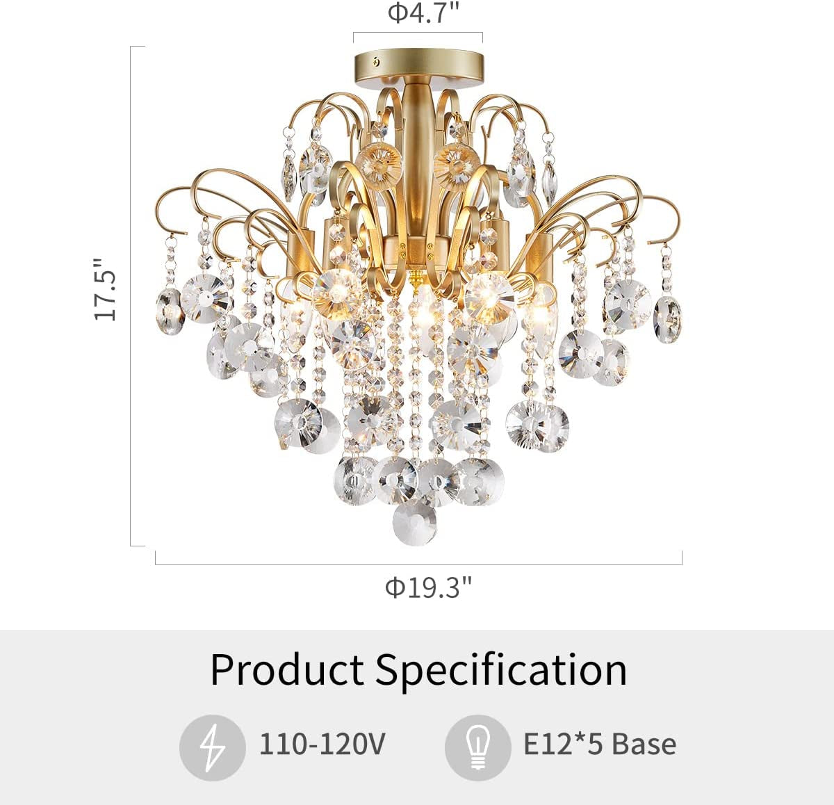 Crystal Chandelier Flushmount Ceiling Light Modern Lighting Fixture for Bedroom Hallway Bar Kitchen Bathroom, H 17.5'' X W 19.3'', E12 Base, Gold