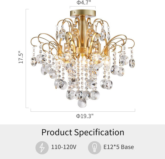 Crystal Chandelier Flushmount Ceiling Light Modern Lighting Fixture for Bedroom Hallway Bar Kitchen Bathroom, H 17.5'' X W 19.3'', E12 Base, Gold