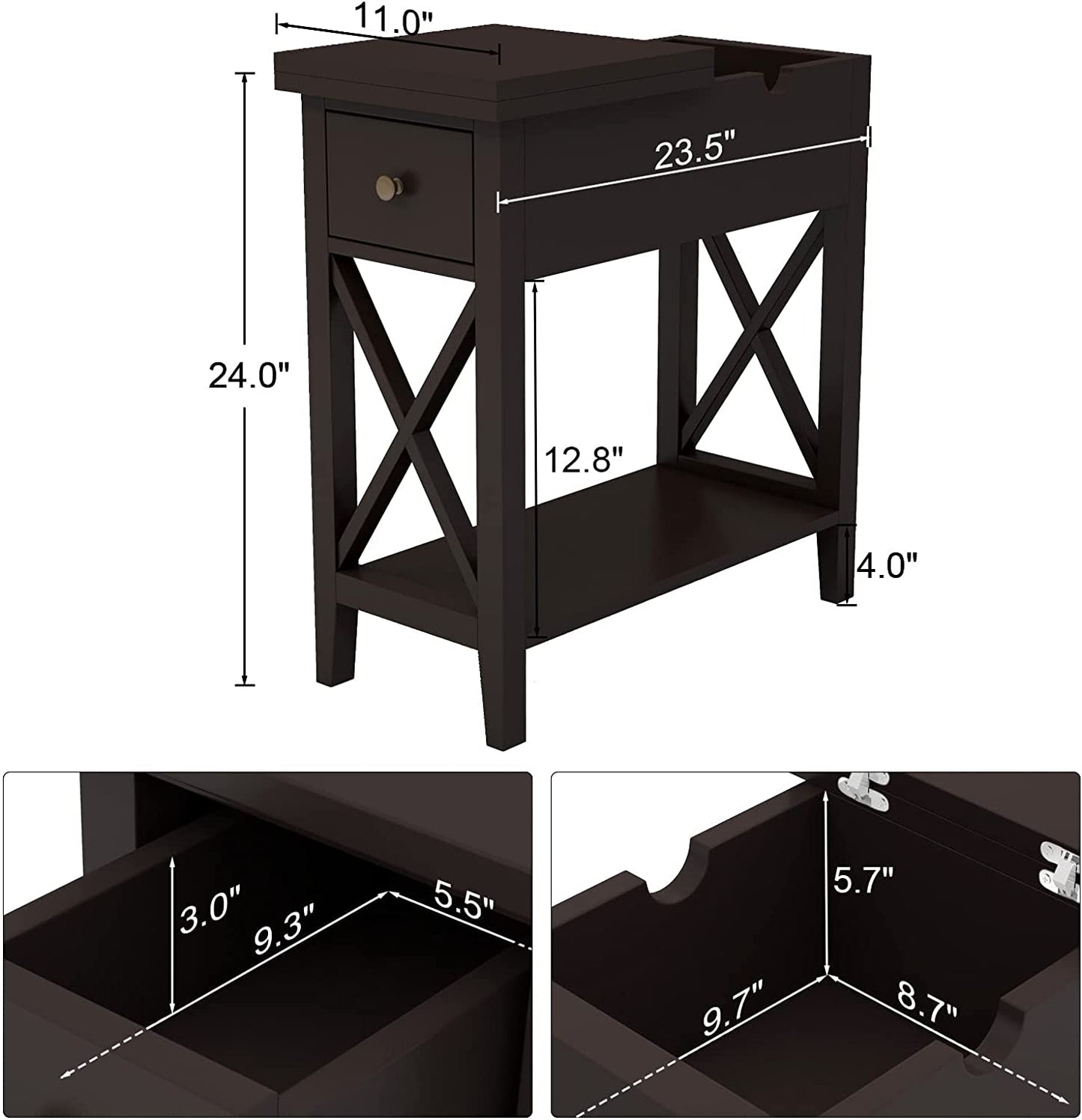 Flip Top End Table, Narrow Side Table Slim End Table with Drawer and Storage Shelf for Small Space, Living Room, Bedroom, Espresso